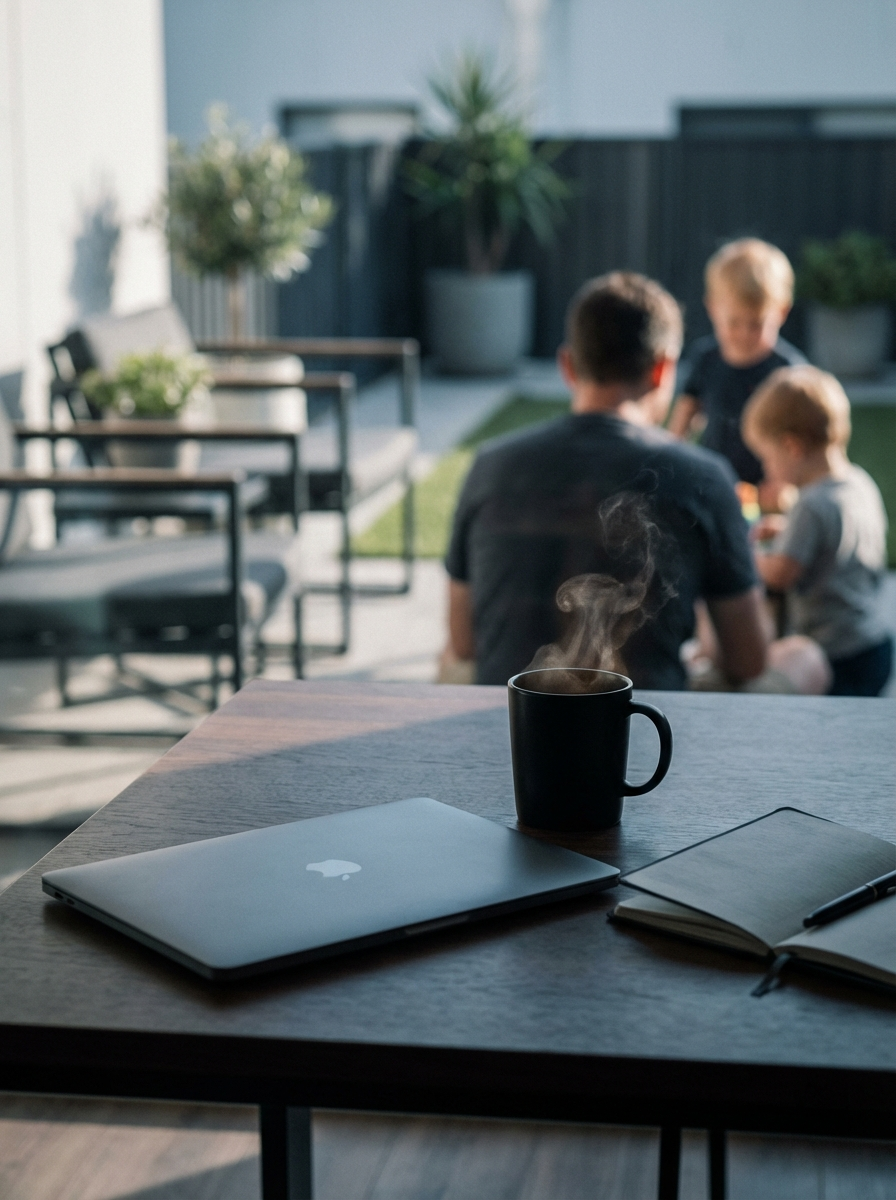 Laptop fermé, café fumant — ton business tourne, toi tu profites