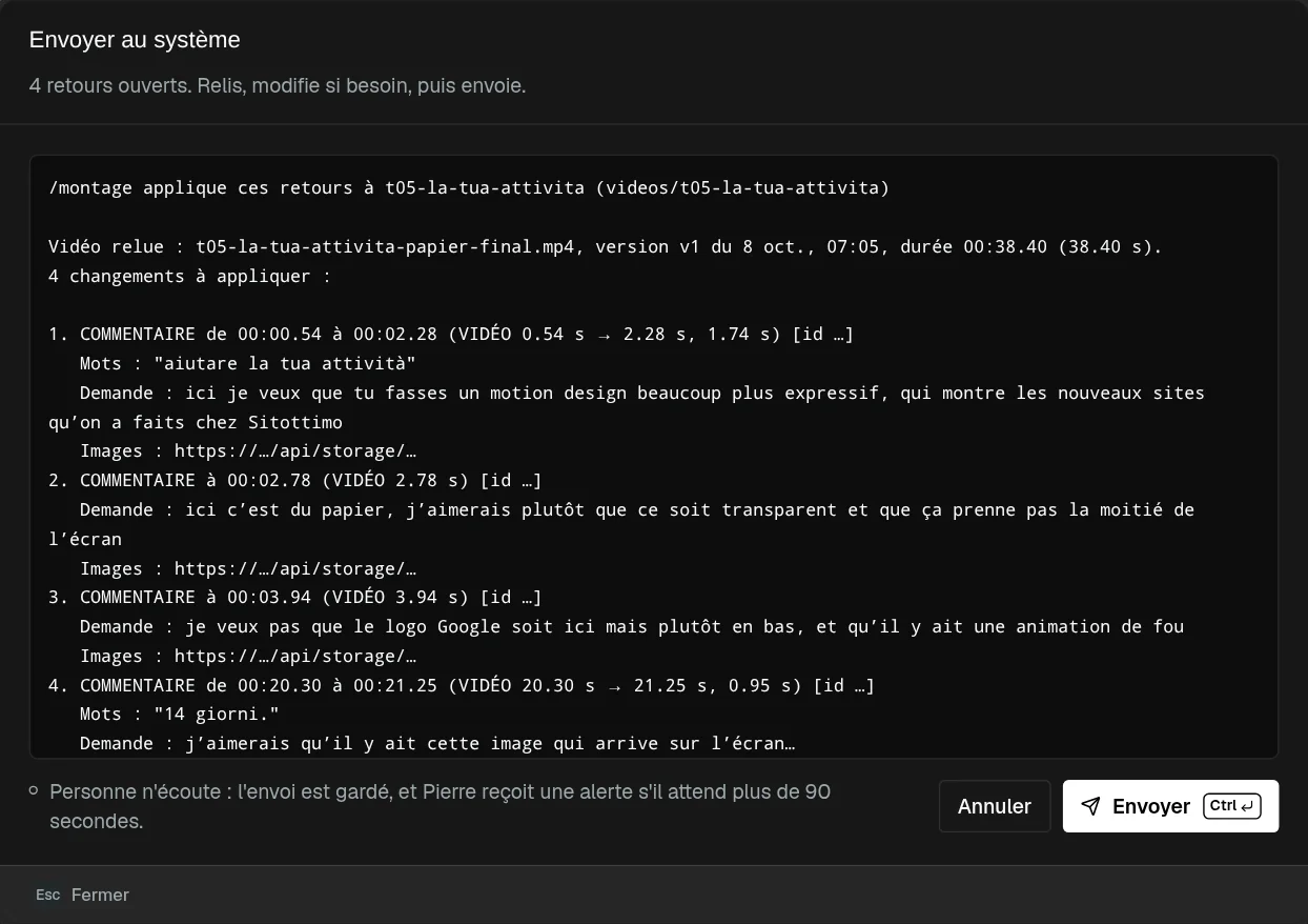 La fenêtre d’envoi des retours au montage
