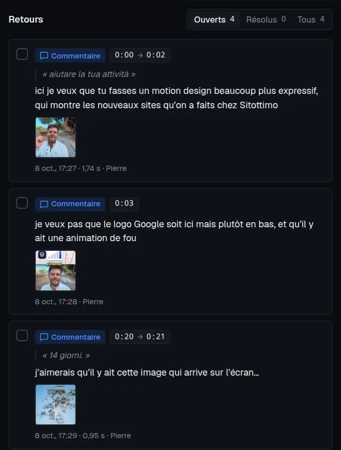 Trois retours posés sur une publicité dans Montage Studio